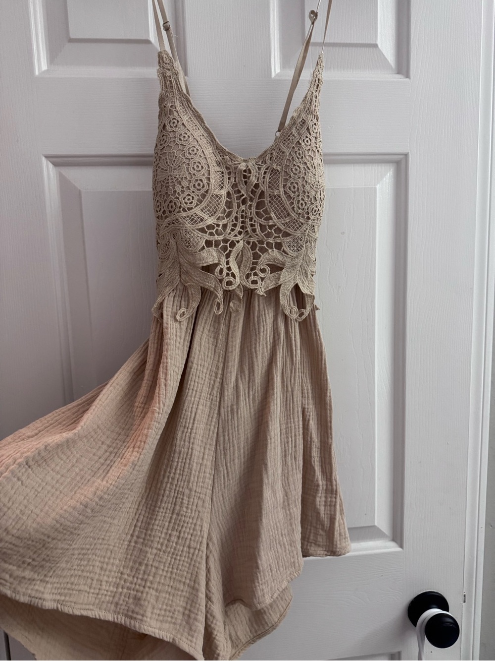 Beige Crochet Bodice Romper with tie back size medium from small boutique